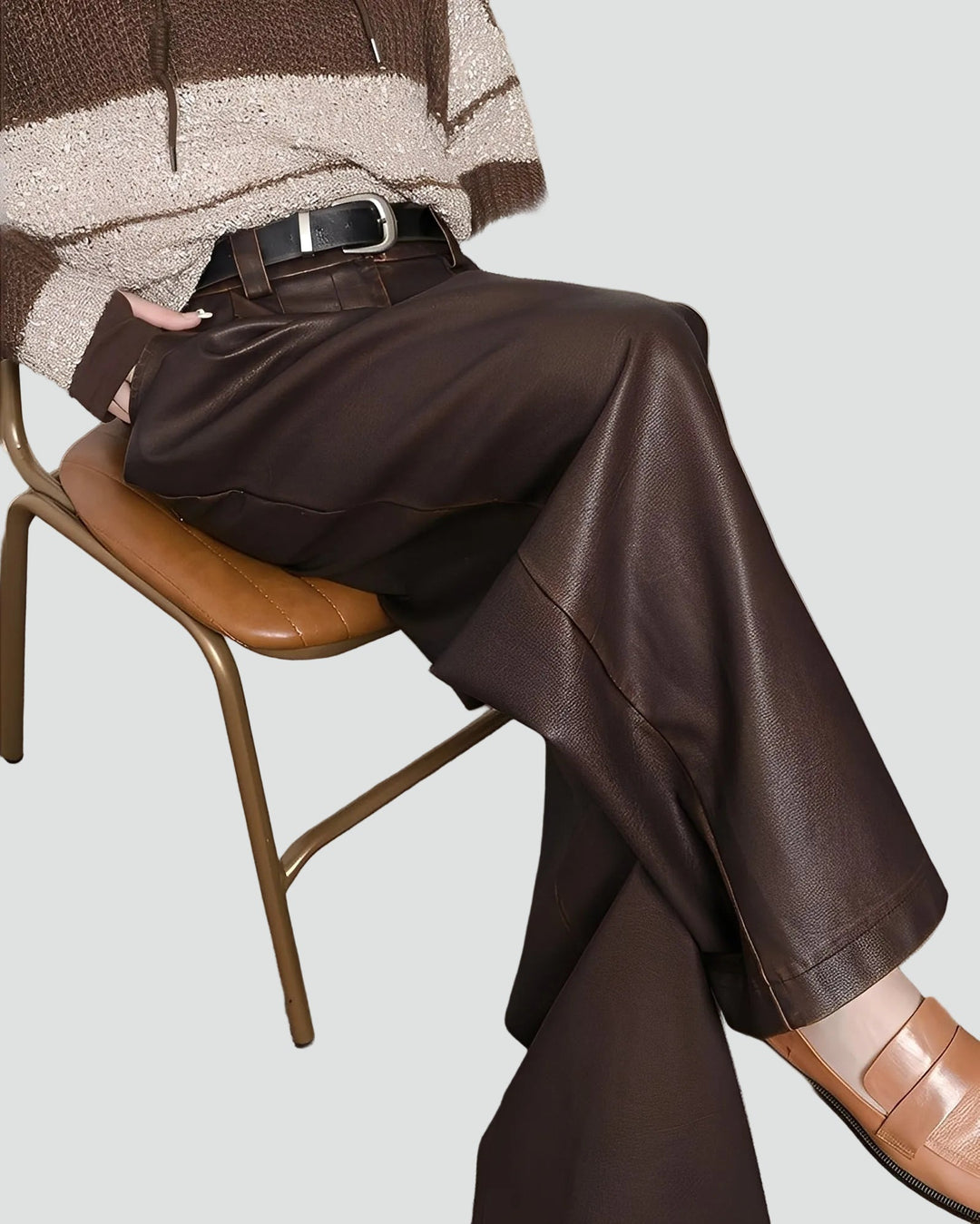 Trendy Dames Broek Met Hoge Taille En Wijde Pijpen In Leerlook