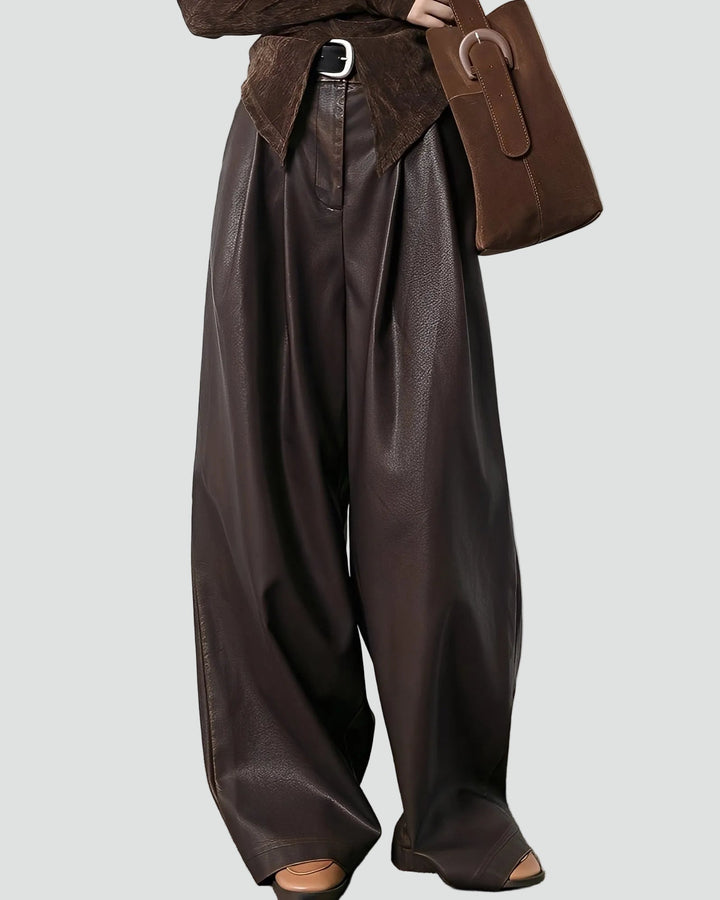 Trendy Dames Broek Met Hoge Taille En Wijde Pijpen In Leerlook
