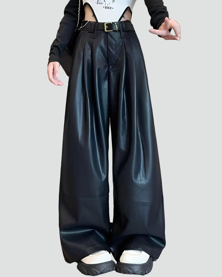 Trendy Dames Broek Met Hoge Taille En Wijde Pijpen In Leerlook