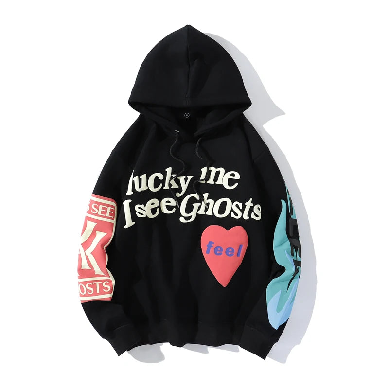 Lucky Me I See Ghosts: Graffiti Letter Foam Fleece Oversized Hoodie