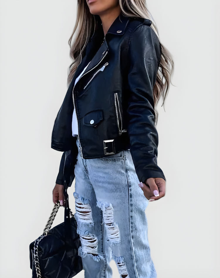 Stoer Dames Bikerjack Met Ritsen En Korte Pasvorm