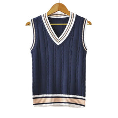 Stijlvolle Unisex Gebreide Pullover Vest – Warme College-Style Waistcoat voor Herfst & Winter Blauw