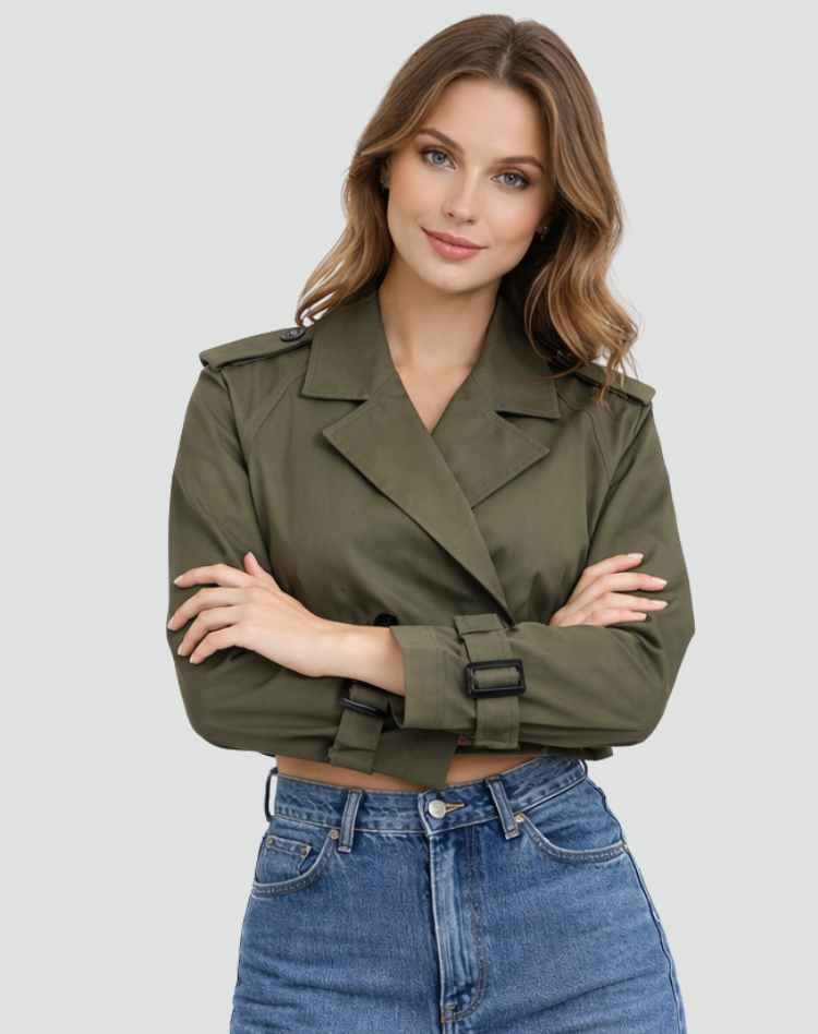 Modieuze Dames Korte Trenchcoat Met Riem Voor Lente