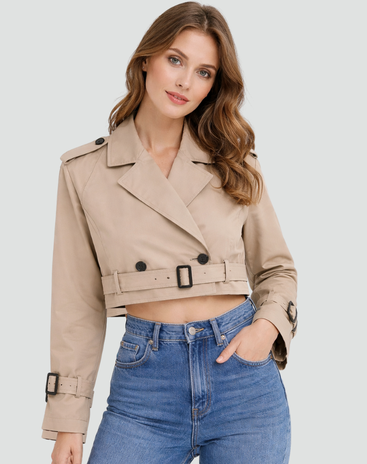 Modieuze Dames Korte Trenchcoat Met Riem Voor Lente