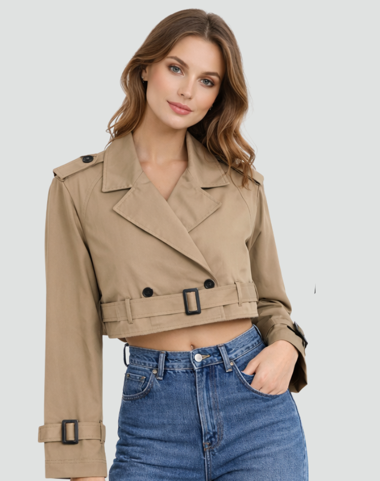 Modieuze Dames Korte Trenchcoat Met Riem Voor Lente