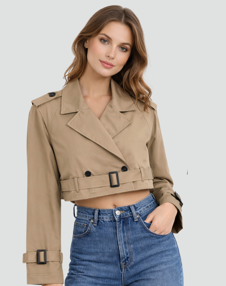Modieuze Dames Korte Trenchcoat Met Riem Voor Lente