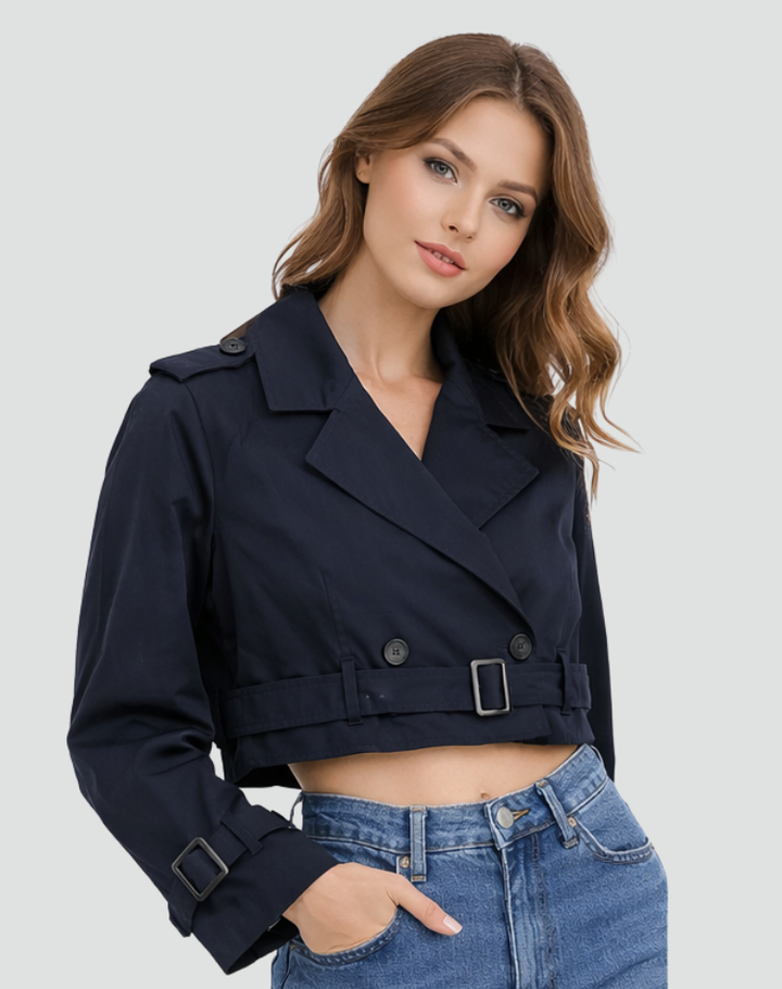 Modieuze Dames Korte Trenchcoat Met Riem Voor Lente