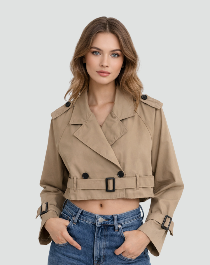 Modieuze Dames Korte Trenchcoat Met Riem Voor Lente