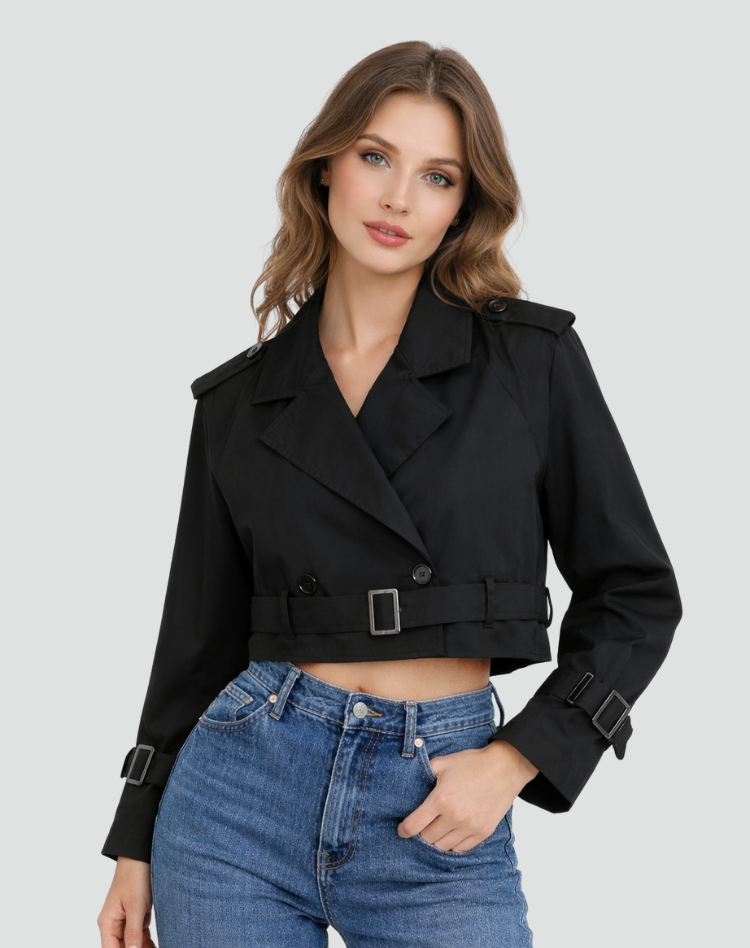 Modieuze Dames Korte Trenchcoat Met Riem Voor Lente