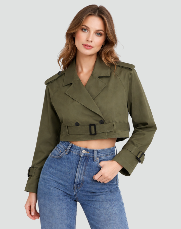 Modieuze Dames Korte Trenchcoat Met Riem Voor Lente