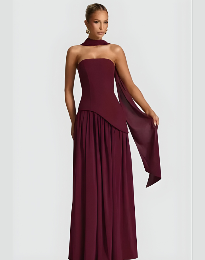 Luxe Dames Gala Maxi Jurk Met Asymmetrisch Split En Sjaal