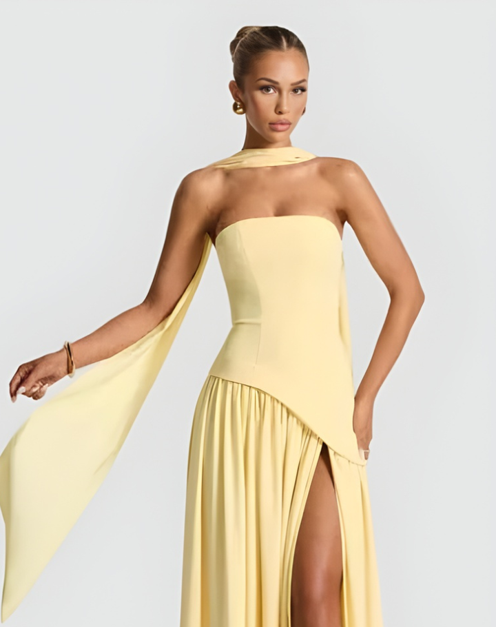 Luxe Dames Gala Maxi Jurk Met Asymmetrisch Split En Sjaal