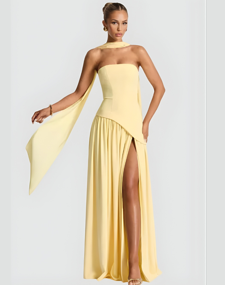 Luxe Dames Gala Maxi Jurk Met Asymmetrisch Split En Sjaal