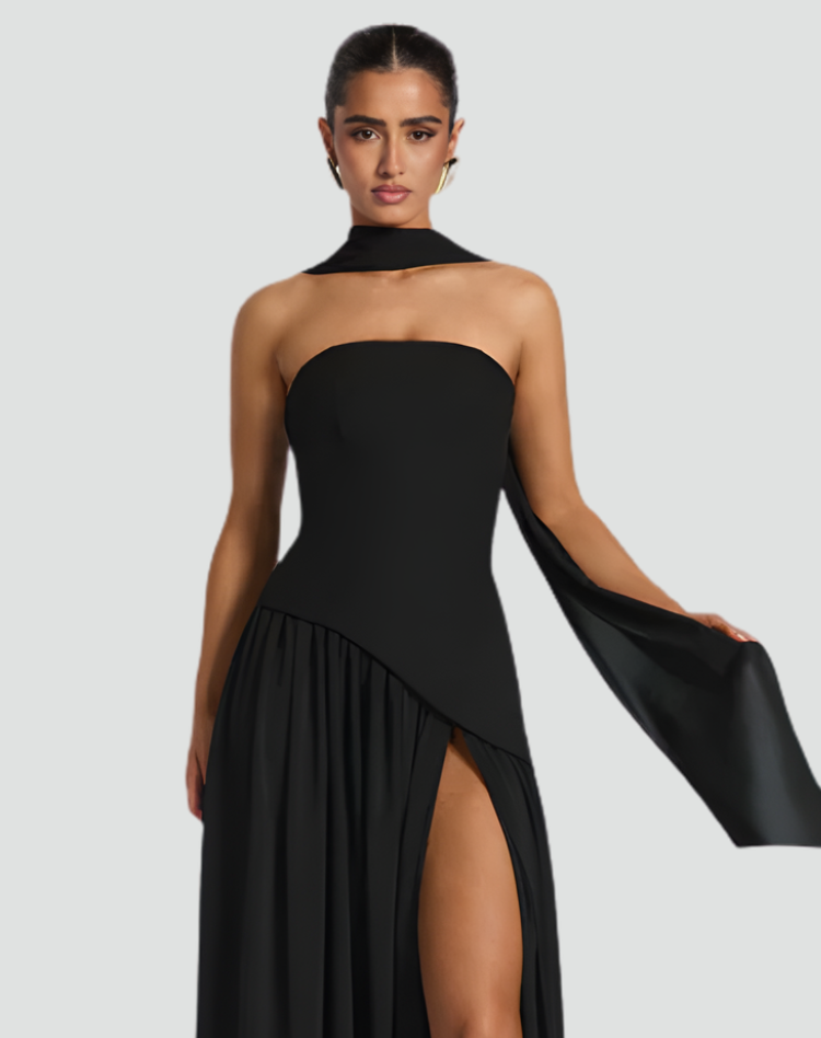Luxe Dames Gala Maxi Jurk Met Asymmetrisch Split En Sjaal