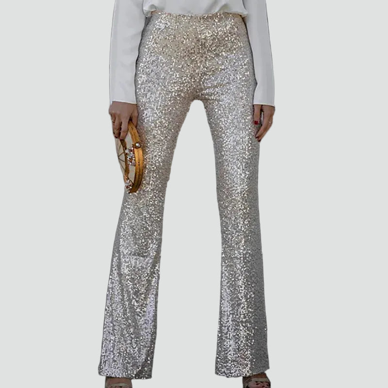 Feestelijke Dames Pailletten Broek Met Wijde Pijpen En High Waist