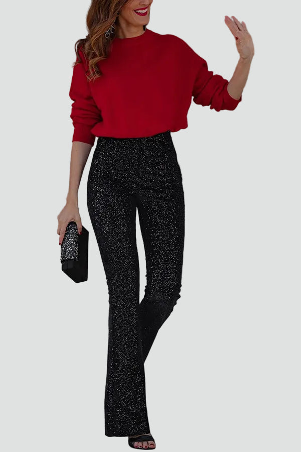 Feestelijke Dames Pailletten Broek Met Wijde Pijpen En High Waist