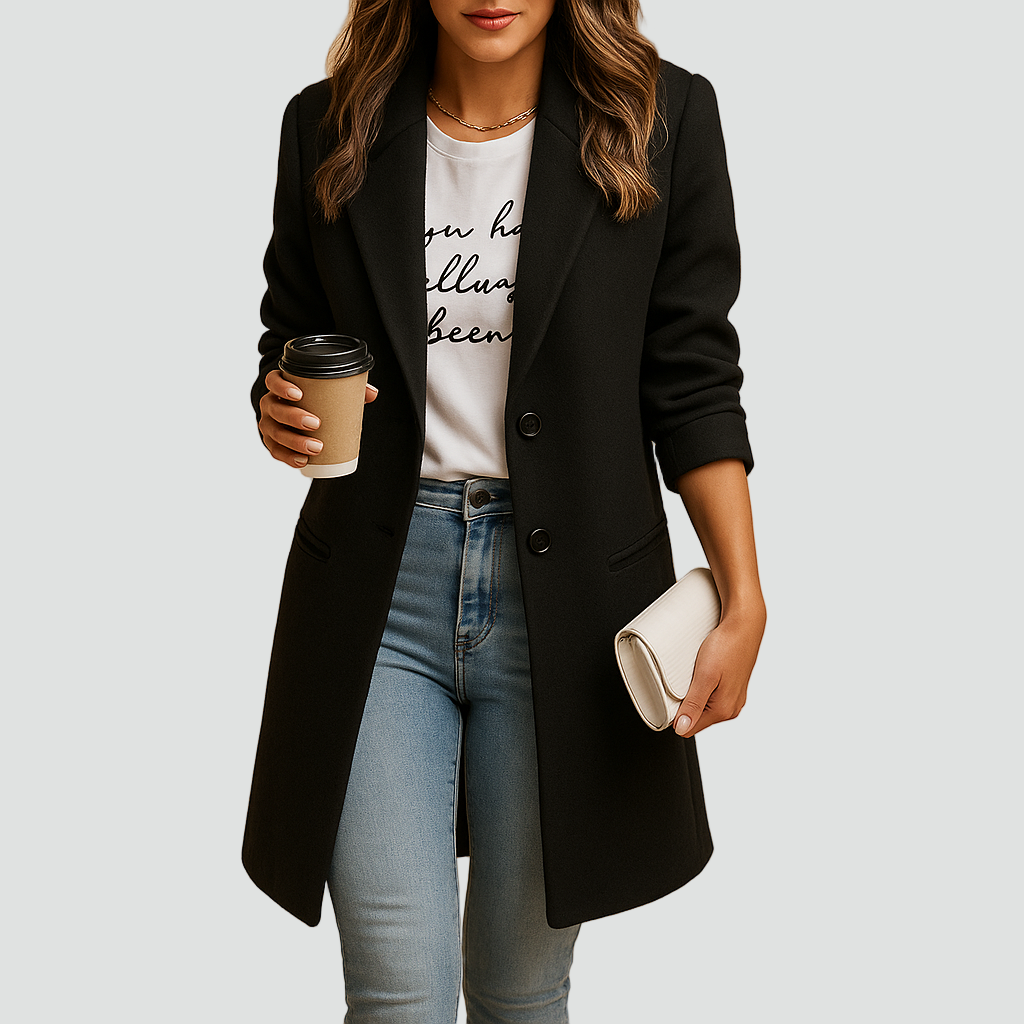Stijlvolle Dames Halflange Wollen Jas Met Knoopsluiting