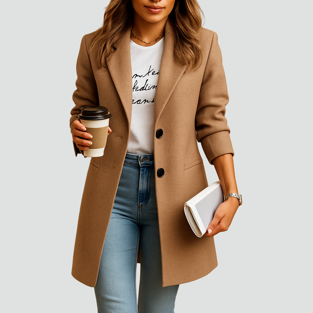 Stijlvolle Dames Halflange Wollen Jas Met Knoopsluiting